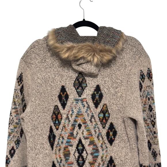 Anthropologie Beige Patterned Cardigan with Faux Fur Collar - Picture 8 of 14